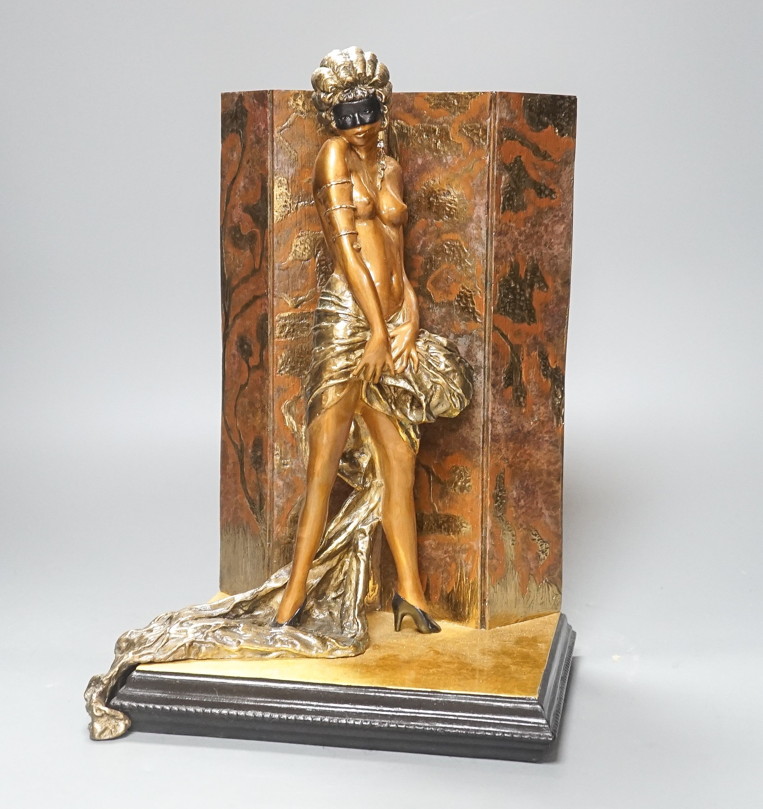 After Louis Icart a bronze sculpture, entitled “Masque Noir”, distributed by Rosenbaum Fine Art, 34 cms high.